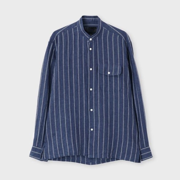 BANKER STRIPE LINEN BAND COLLAR L/S SHIRT