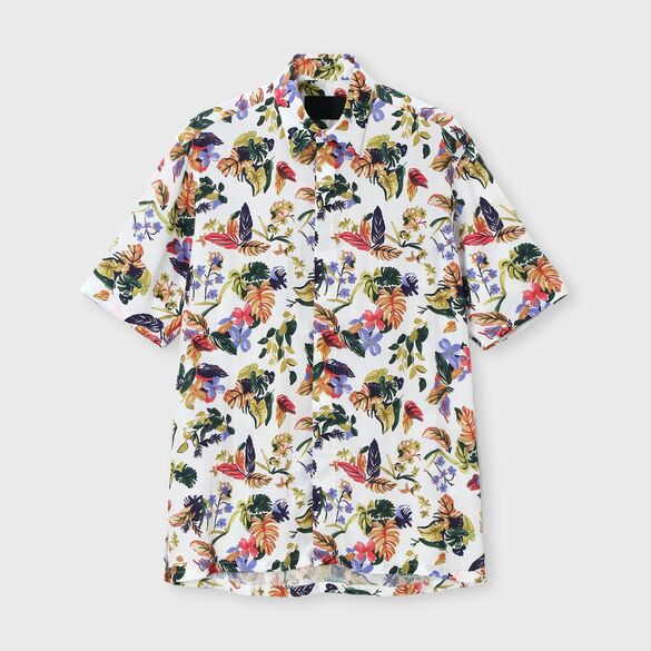 FLOWER PRINT FLY FRONT SS SHIRT [ドローイングフラワー プリントSS