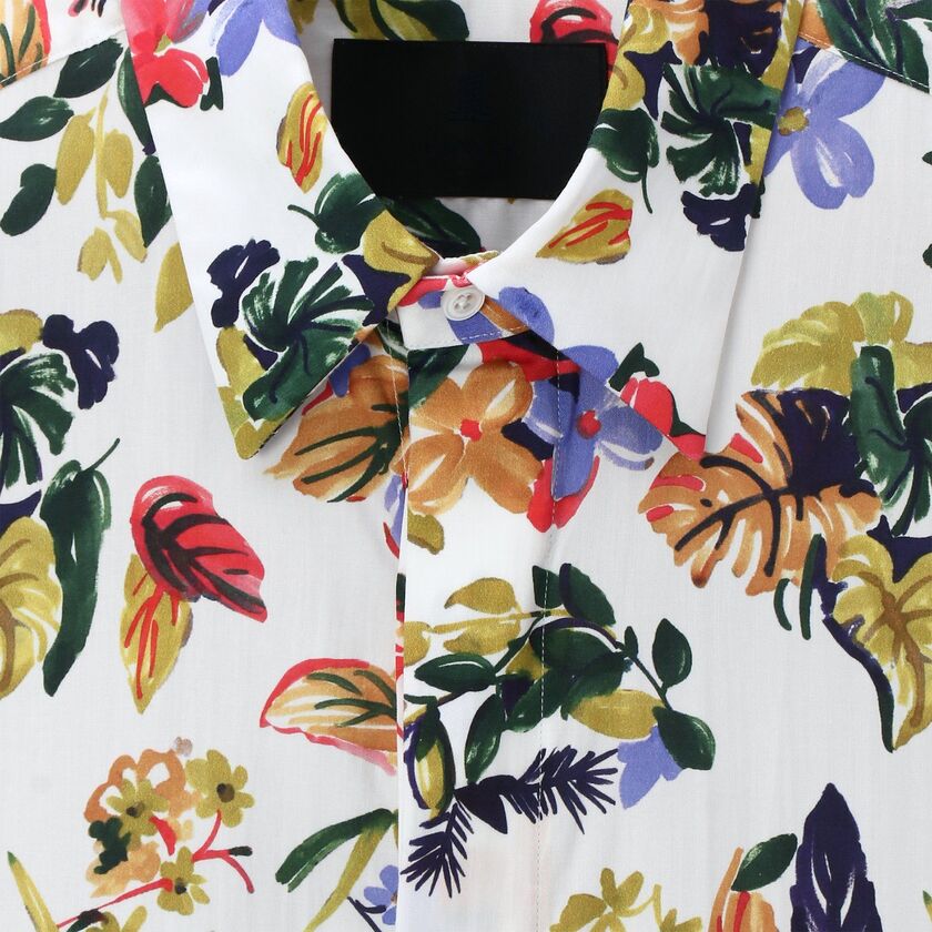 FLOWER PRINT FLY FRONT SS SHIRT [ドローイングフラワー プリントSS