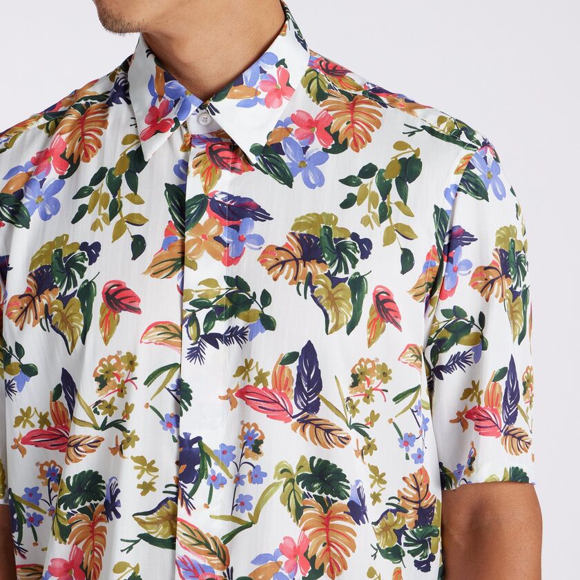 FLOWER PRINT FLY FRONT SS SHIRT [ドローイングフラワー プリントSS